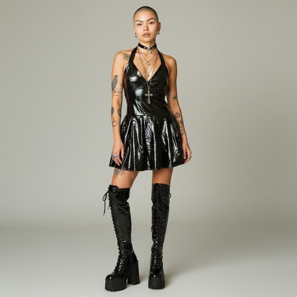 Faux Patent Leather Goth Pleated Mini Dress Womens M Black Deep V-neck Halter